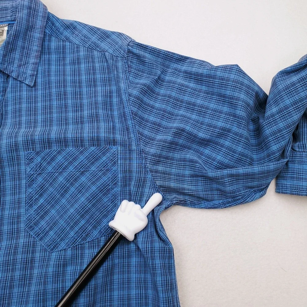 North Face Shirt Mens Medium Blue Black Plaid Long Sleeve Button Up Pocket